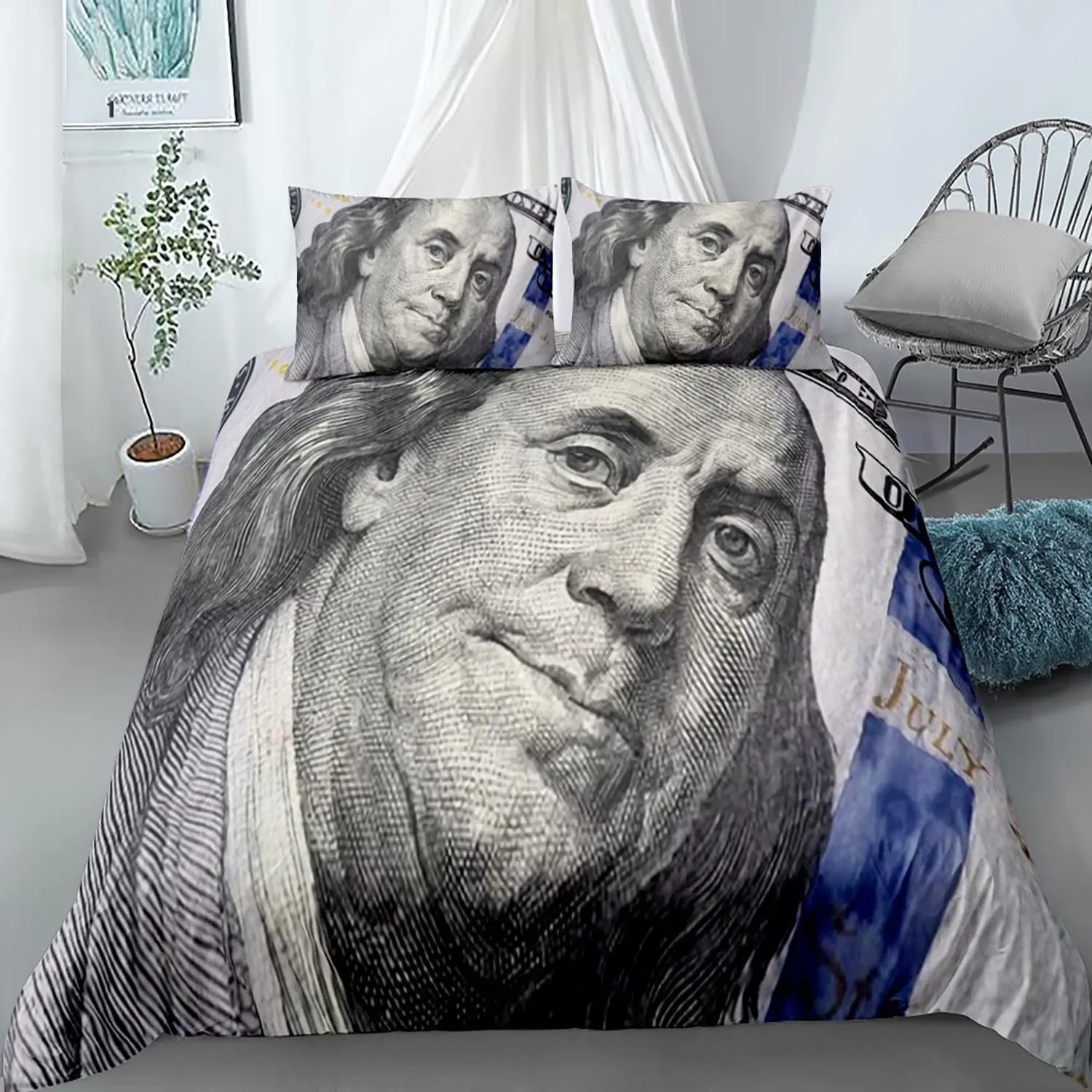 Money Duvet Cover Set Dollar Bills of United States Federal Reserve with The Portrait of Ben Franklin Full Polyester Bedding Set