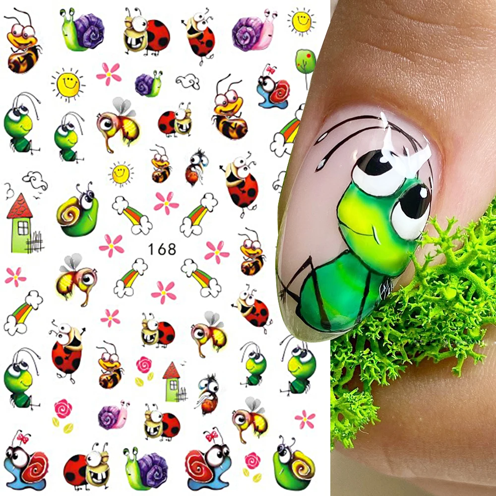 Cute Ant Cartoon Nail Sticker Bee Ladybug Succulent Plant Rainbow Slider Manicure Stickers Spring Summer Nail Decoration LEEB168