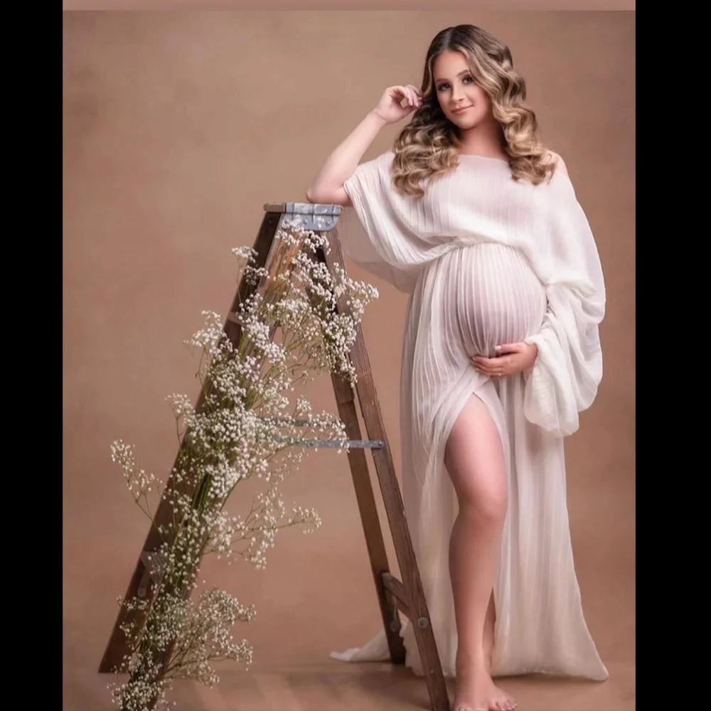 Elegant Maternity Dress for Baby Showers - One-Shoulder Pleated Photo Shoot Photography Dress for  Maternity Photography ﻿