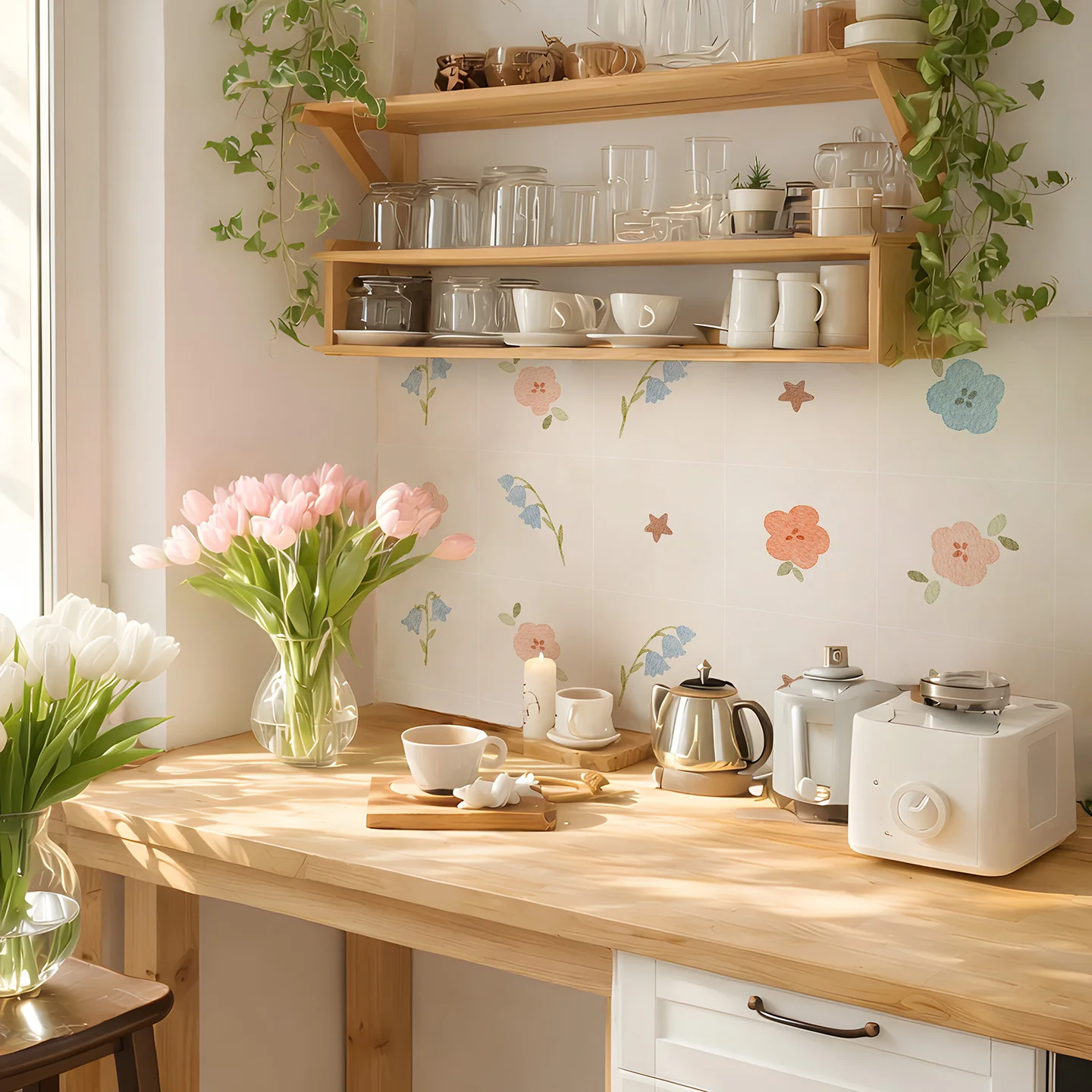 Cottage Floral Peel And Stick Tile Stickers,  Waterproof Self-Adhesive Kitchen Backsplash Wall Decor