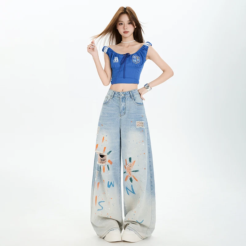 

Ripped and Painted Design Straight-Leg Jeans for Women, New Summer Style, High-Waisted, Loose, Fashionable Wide-Leg Floor-Length Pants
