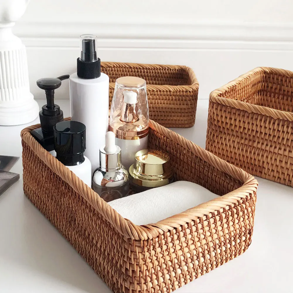 Manual Rectangular Weaving Rattan Wicker Basket Fruit Snacks Tray Bread Hand-knitted Box Portable Picnic Storage Box