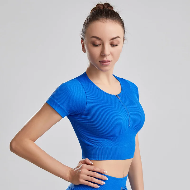 Woman Sports Top With Zipper Yoga Crop Top Ribbed Short Sleeve Top For Fitness Workout T-shirt Tops Gym Clothing Sportswear