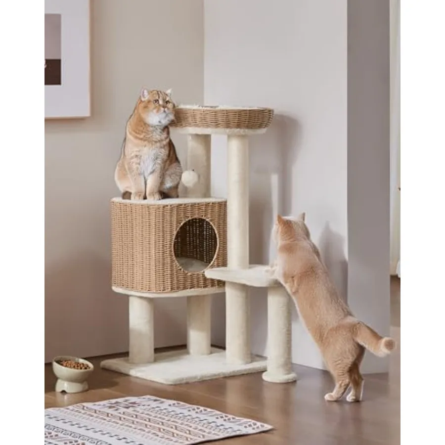 

36-дюймовое кошачье дерево из ротанга из полиэтилена с большим окунем, дышащая тканая кондоминированная удлиненная когтеточка из сизаля, моющаяся подушка, естественное охлаждение