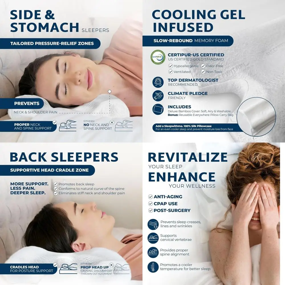 

Anti-Aging Cooling Memory Foam Pillow for Back, Side Sleepers - Medium-High Loft, Compact 18 x 13