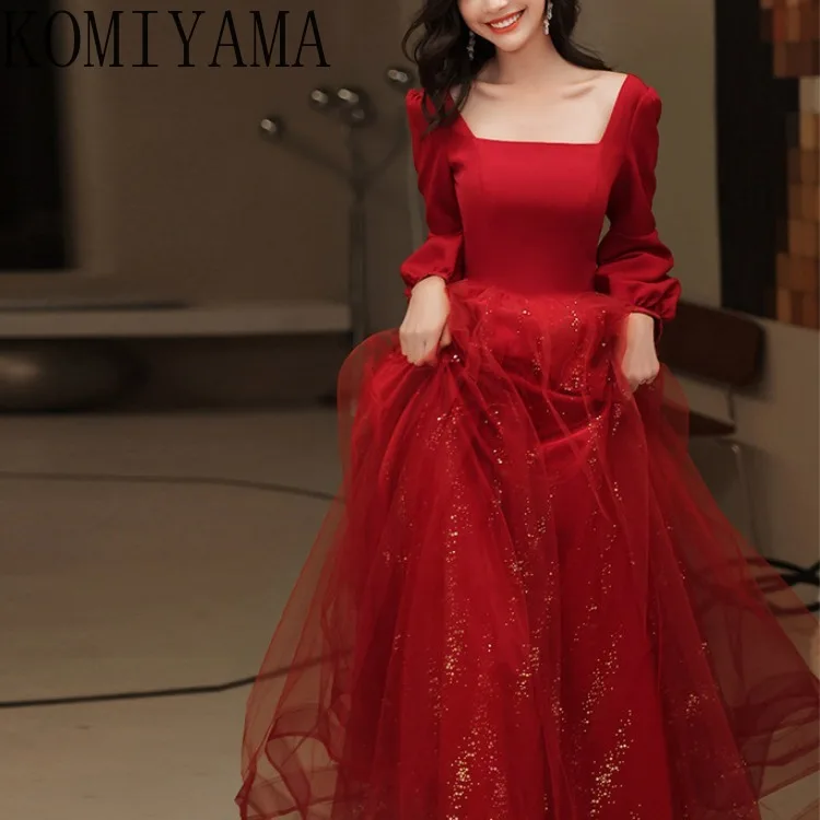 Customized Bride 2024 New Red Summer Elegant Prom Dresses Long Sleeve Backless Square Collar Wedding Party Dress Mesh Design Eve