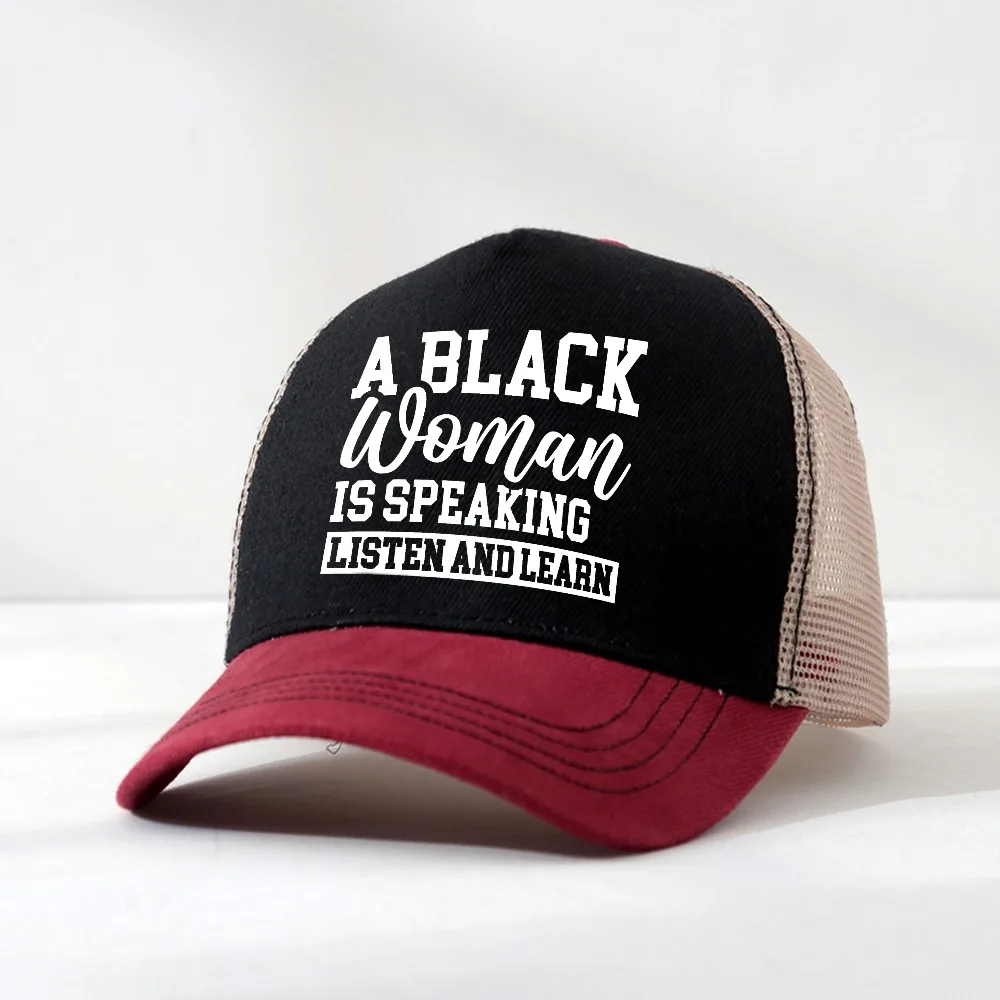 

A Black Woman Is Speaking Listen and Learn Graphic Print Baseball cap Sunshade Mesh Trucker Caps Adjustable Snapback Hat