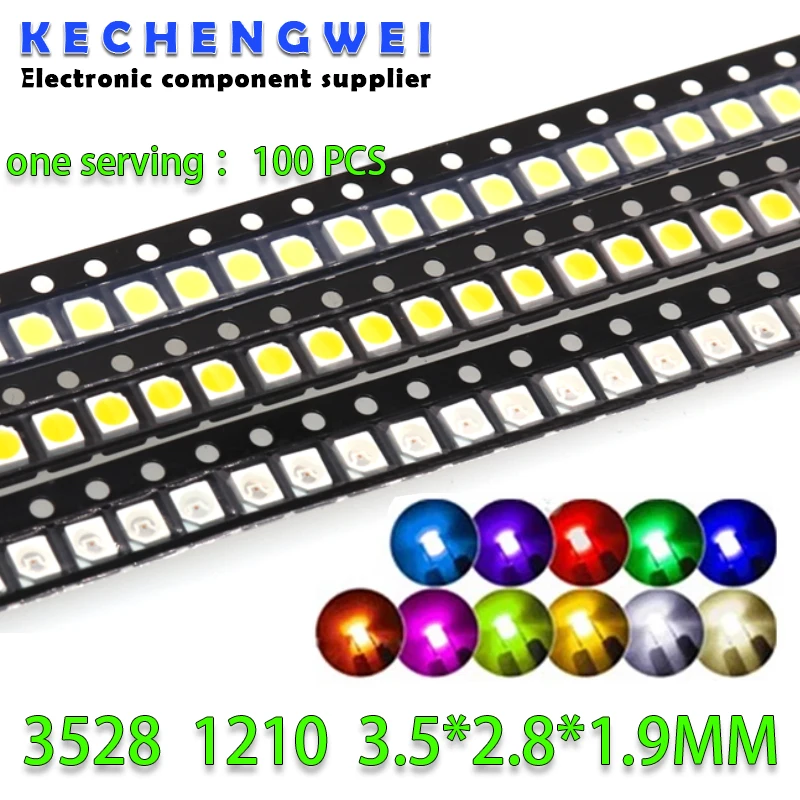 100pcs Super Bright 3528 1210 SMD LED Red Green Blue Yellow White RGB Orange Pink LED Diode 3.5*2.8*1.9mm