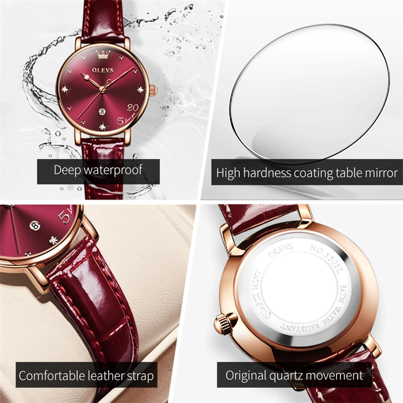 OLEVS New Fashion Wine Red Ultra Thin Quartz Watch for Women's Leather Waterproof Calendar Luxury Womens Watches Reloj Mujer