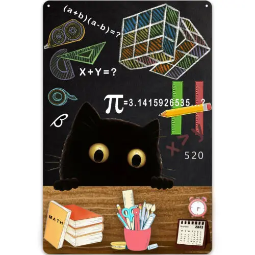 Panneau en métal sur le thème des connaissances mathématiques, affiche rétro, décoration murale artistique avec chat noir, en aluminium