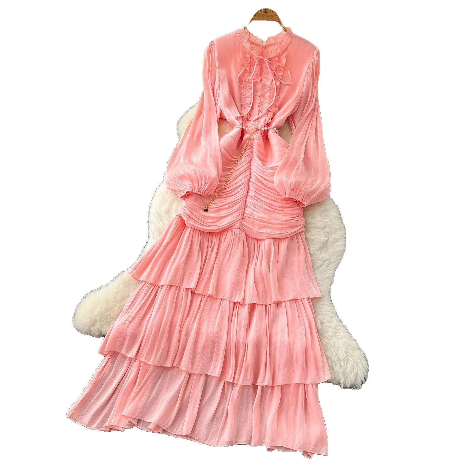 Spliced Lace Dresses Lantern Sleeve Ankle Length Dress Women Solid Party Dress… - Image 5