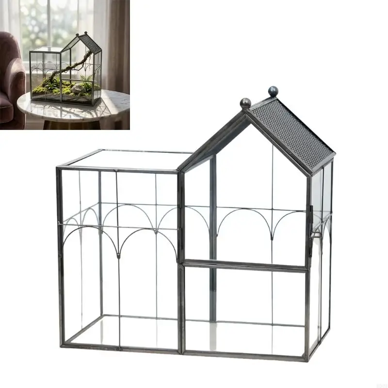 Glas-Terrarium-Ausstellungshaus mit schwarzem Rahmen und Öffnungsplatte für Blumenarrangements, Platzierung auf der Fensterbank – Detail 10