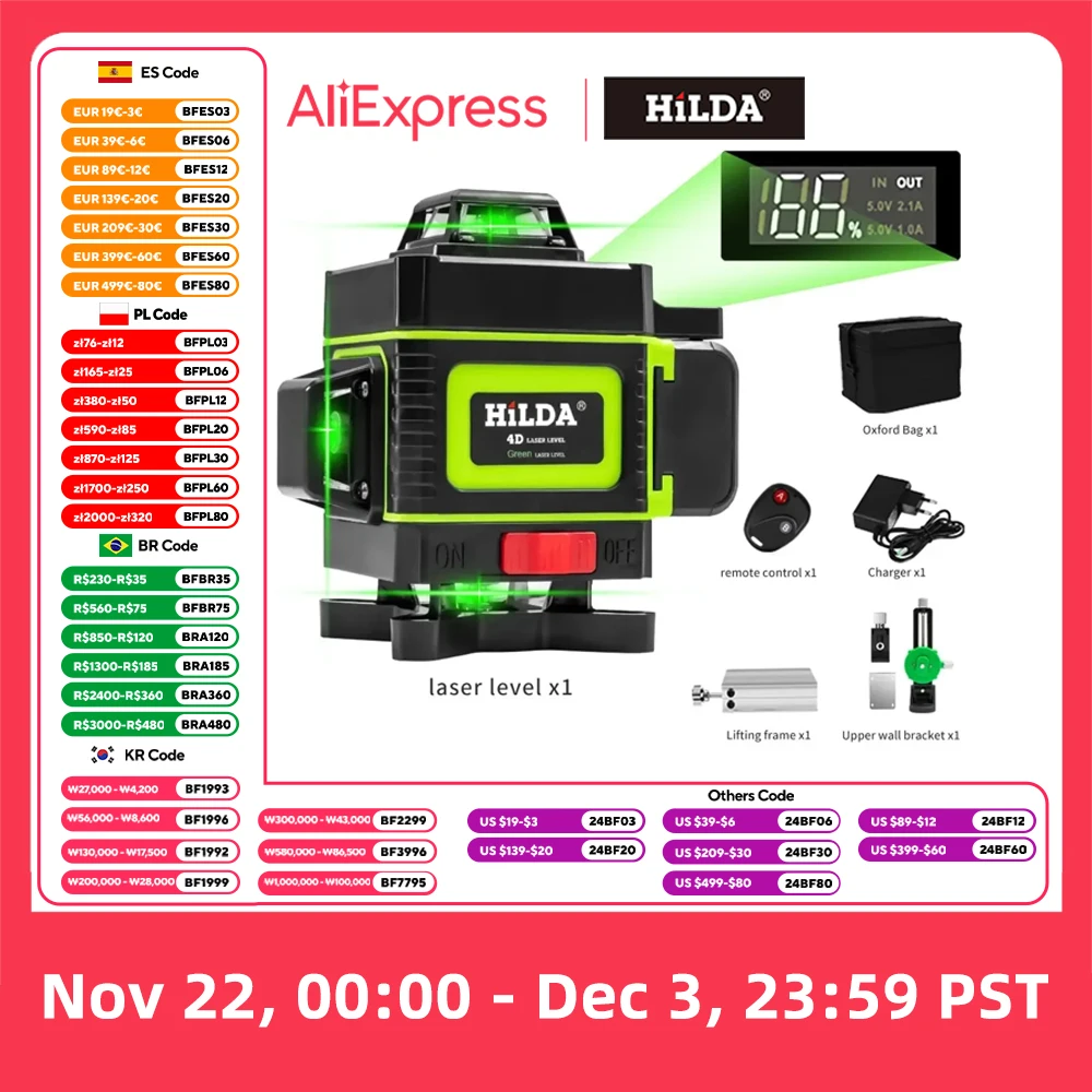 HILDA 4D 16 Lines Laser Ultra Strong Green Beam Horizontal 360 Automatic Leveling Vertical and Horizontal Optical Instrument