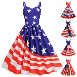 Independence Day Vintage Dresses Sleeveless Women American Flag Printed Slip Dress Casual Spring Summer Streetwear