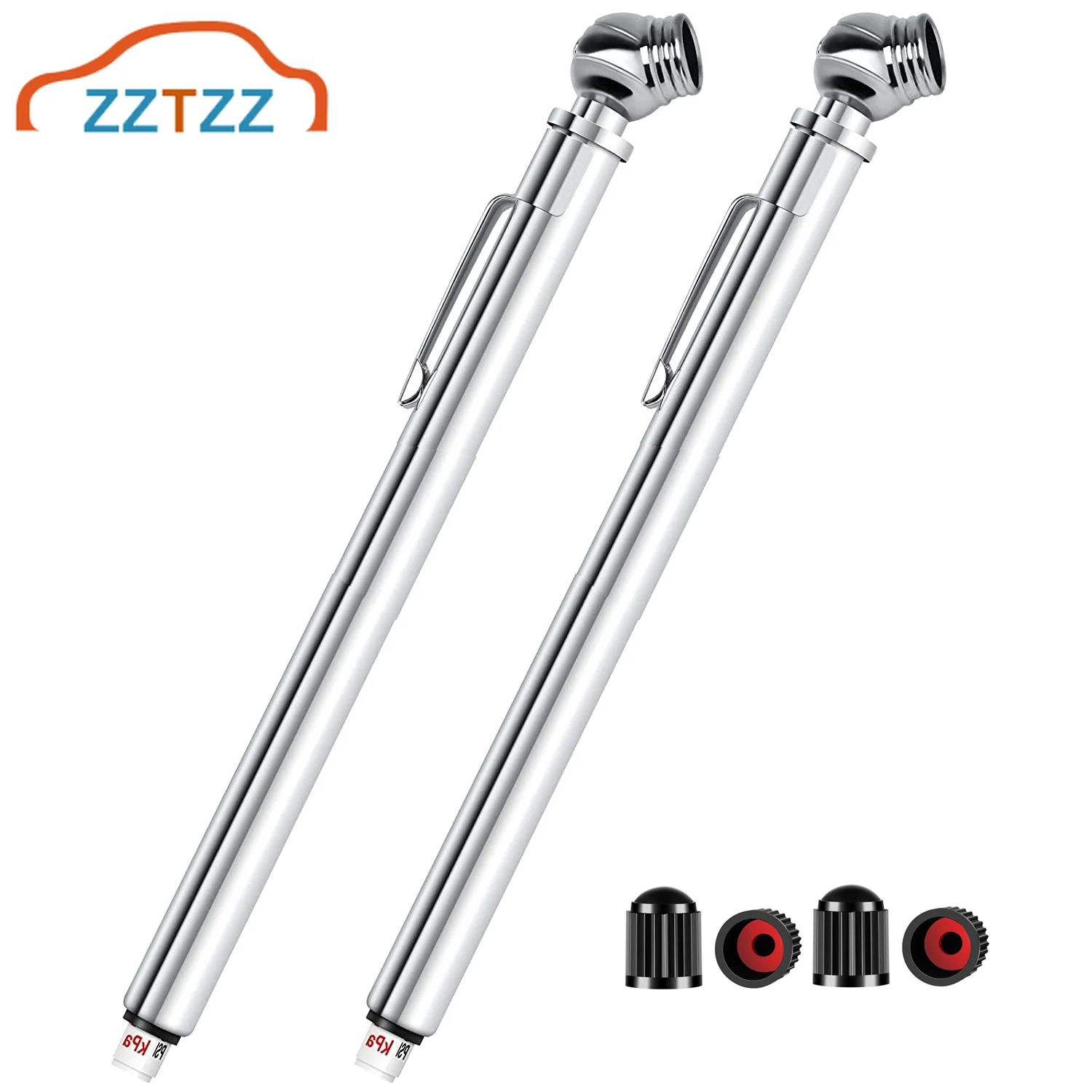 2pcs Pencil Tire Pressure Gauge 5 - 50PSI Stainless Steel Body and Metal Made Nozzle 2 Measurements for Vehicles gift valve caps