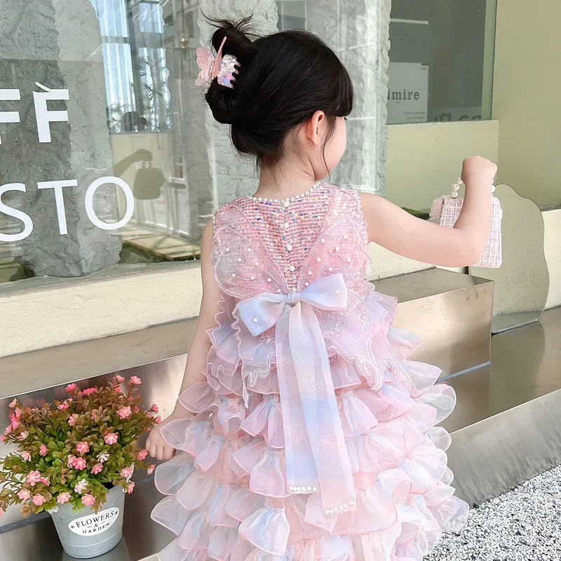 Girls Vest Dress Summer 2024 New Little Girl Stylish Princess Children's Mesh Cake Tutu Skirt Outdoor Birthday Clothing