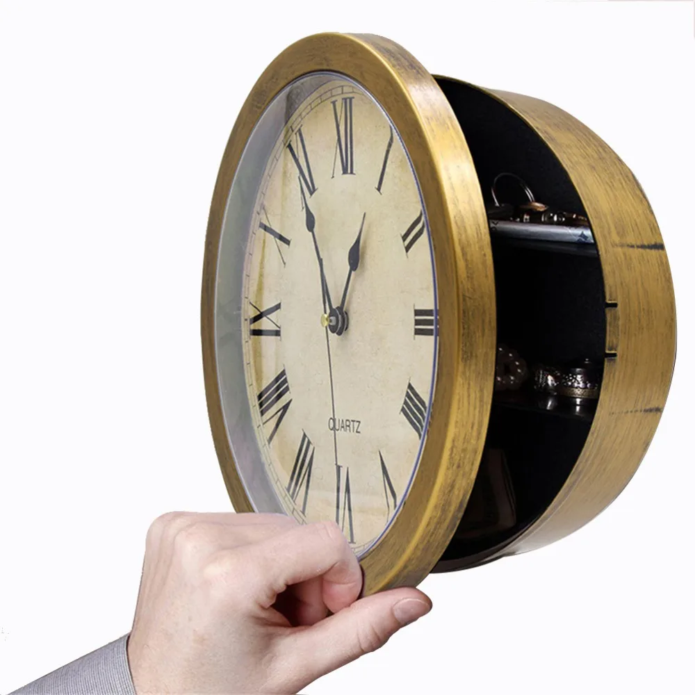 Gold Golden Wall Clock Shaped Hidden Safe Box Diameter25 Cm Plastic Lockable Clock Style Jewelry Storage Case