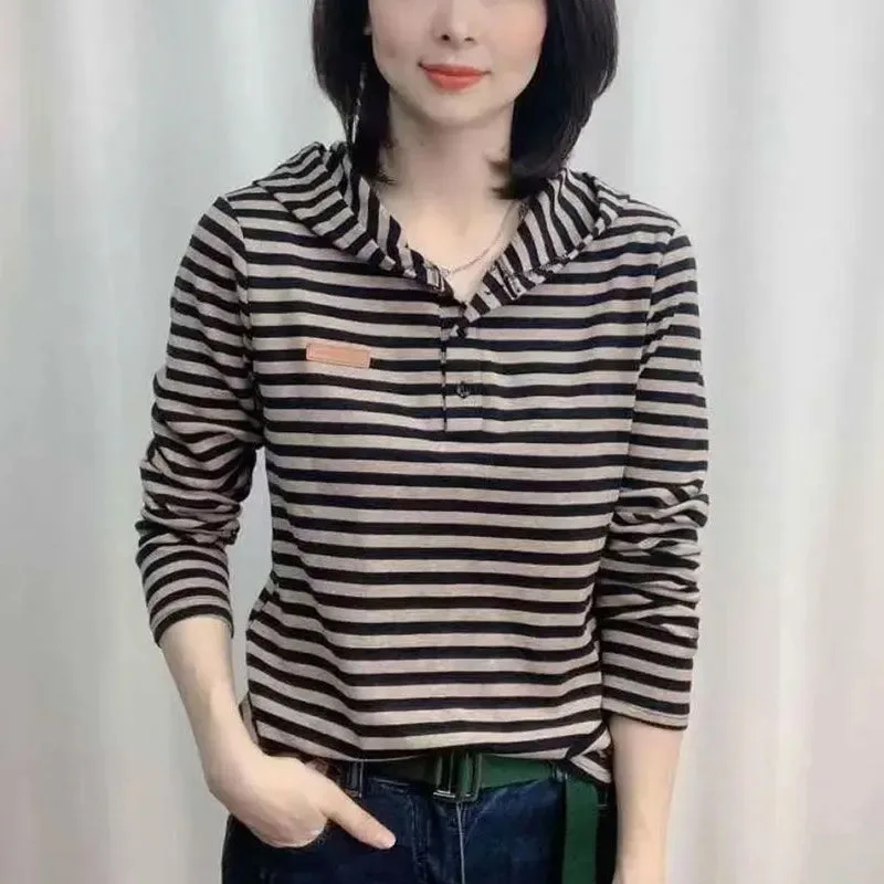 

Plus Size Women's Fashion Retro Long Sleeve T-Shirt Striped Office Lady New Arrival Trendy Comfortable Breathable