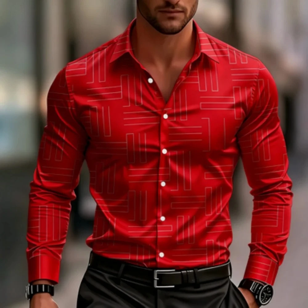 Men's Shirt Geometric Line Print Long Sleeve Button Down Shirts Turn Collar Business Formal Fashion Tops Men Clothing