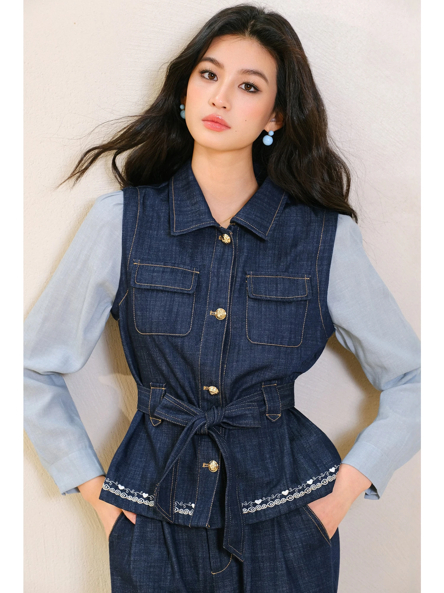 

MIUCO Casual Denim Set Women's Fake Two-Piece irt Top Straight Leg Pants Clete Set Long Sve High Waist Commute Sle