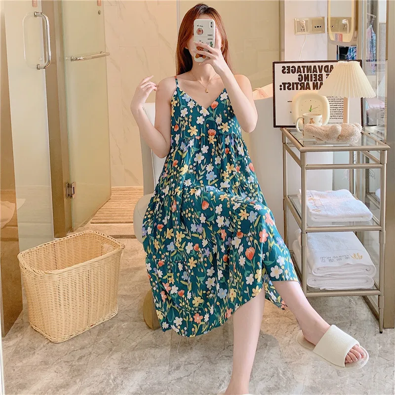 Slip Nightdress Women Summer V-Neck Pajamas Cotton Print Cute Sweet Thin Home wear Dress Lingerie Thin Loose Nightgown