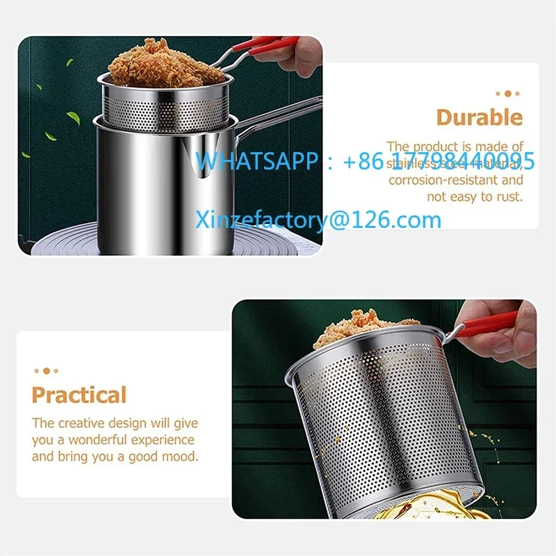 カスタマイズ可能なフライパンセット 日本製 深型油節約フライヤー 304ステンレス鋼 高温対応 キッチン 天ぷら チキンバスケット C