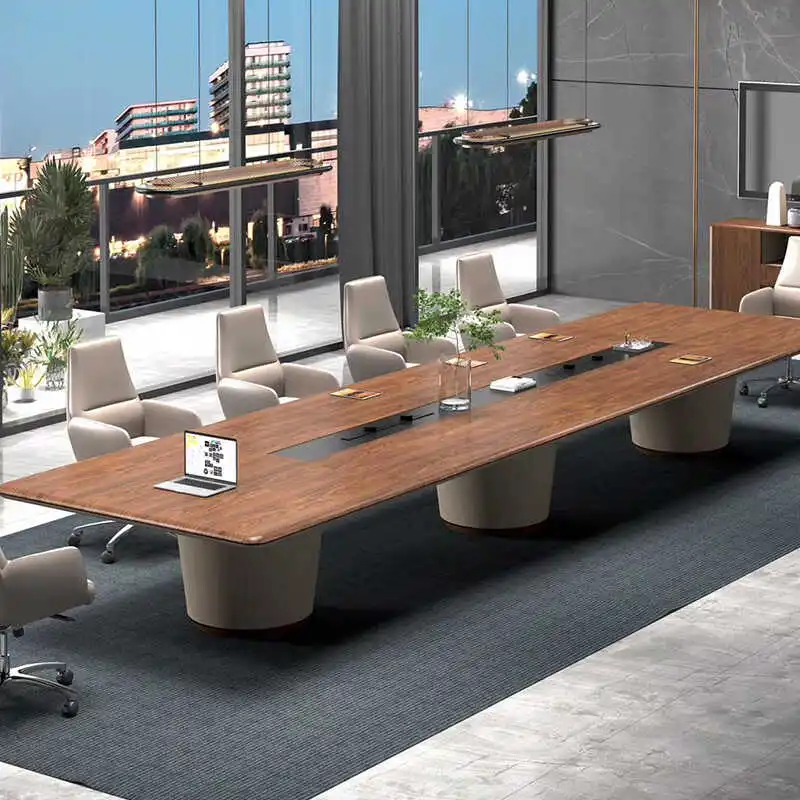 Long table negotiation table with solid wood leather, calm and atmospheric table, conference room table and chair combination