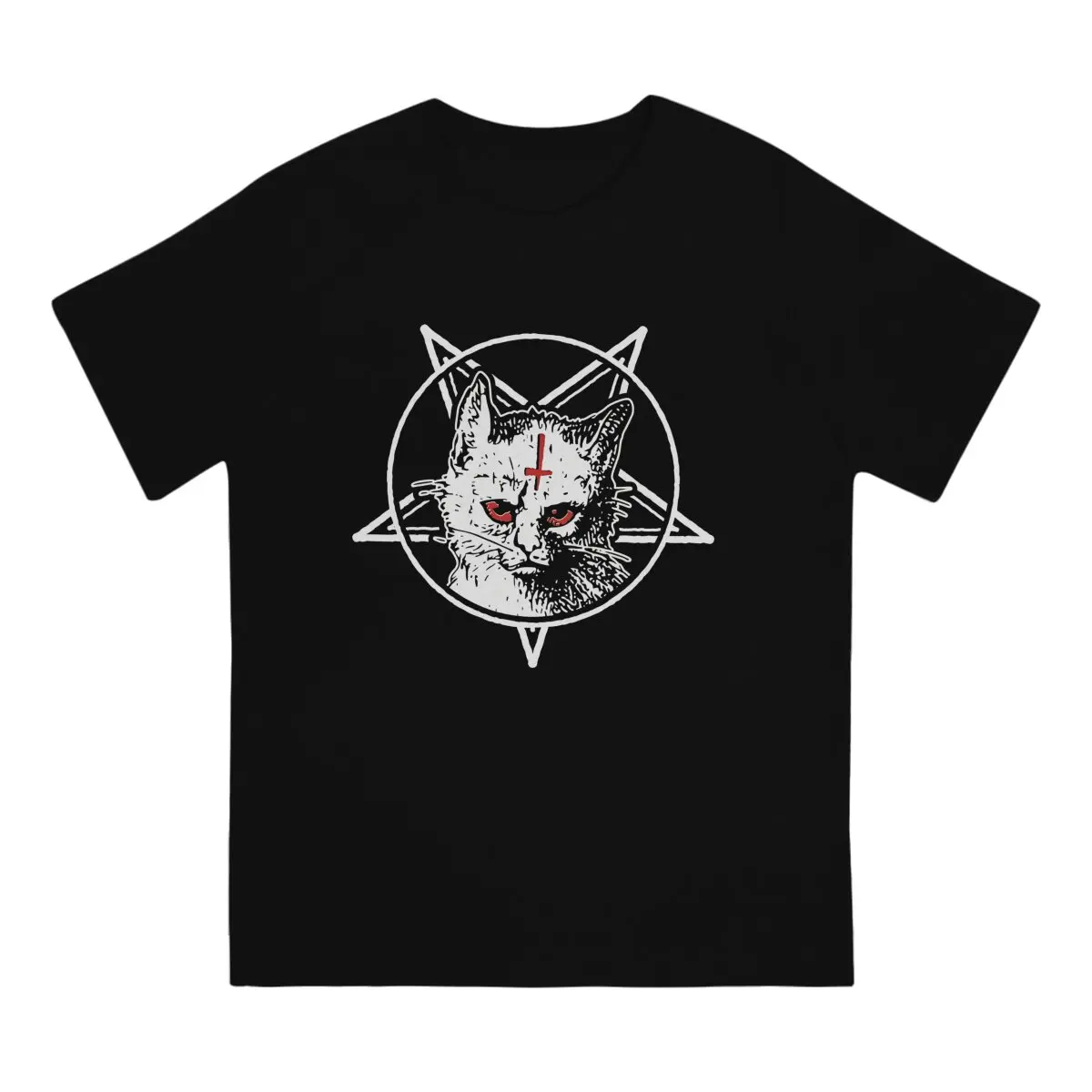 Satanic Black Metal Cat Dark Goth Cat With Pentagram Occult Tshirt Graphic Men Tops Vintage Fashion Summer Short Sleeve Cotton