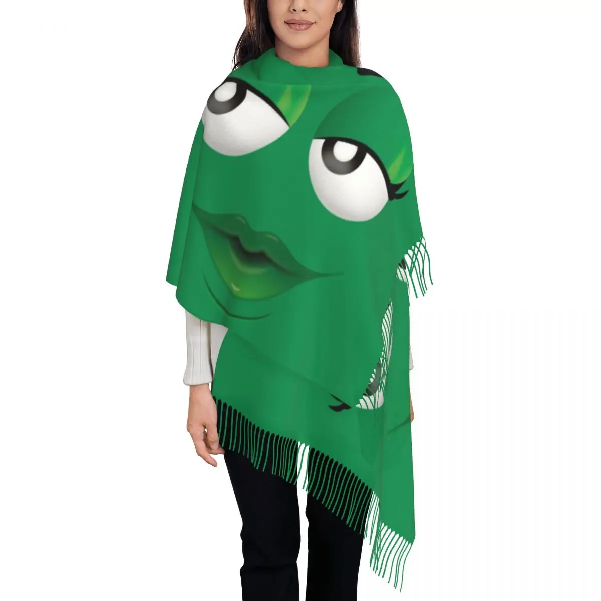 

Lady Long Cartoon Chocolate Green Candy Faces Scarves Women Winter Fall Soft Warm Tassel Shawl Wrap Scarf