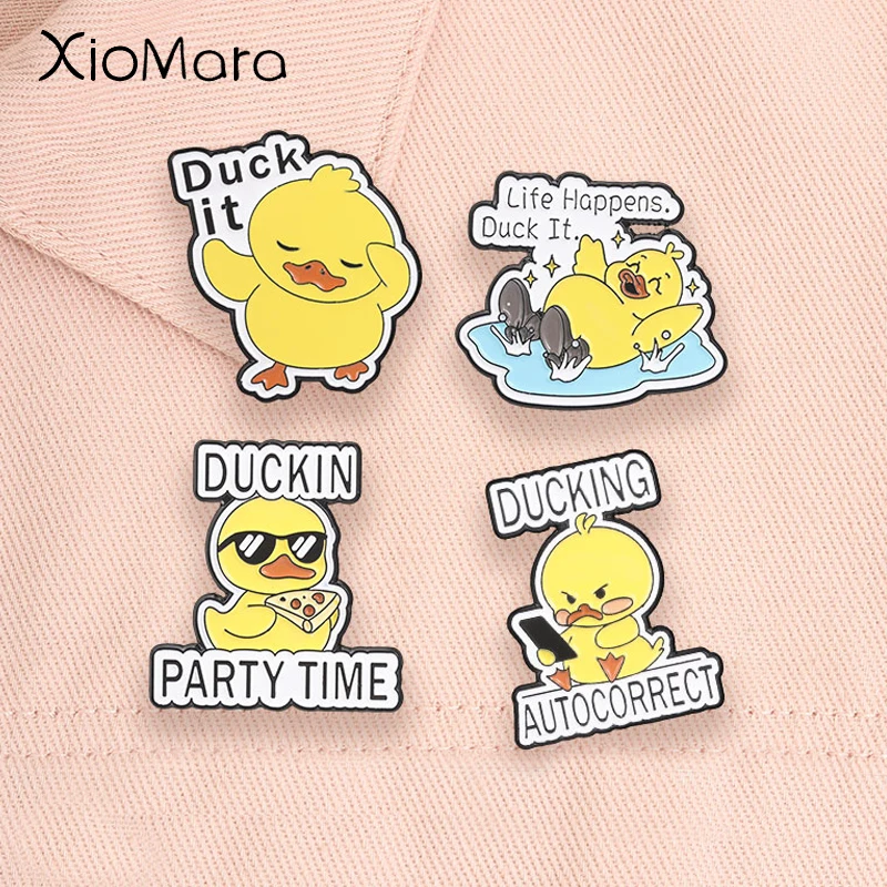Cute Duck Enamel Pins Cool Sunglasses Pizza Party Time Ducking Autocorrect Cartoon Duck Brooches Lapel Badge Jewelry Gifts