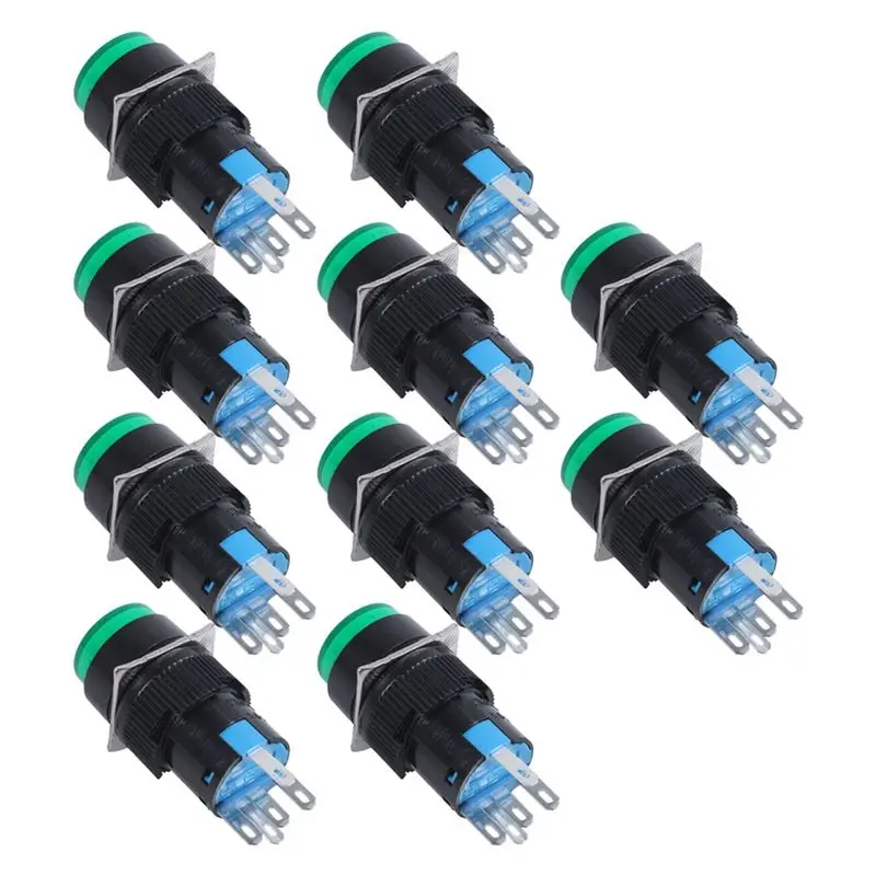ELECT-10X AC 250V 5A SPDT 1NO 1NC 5 Pins Latching Green Push Button Switch W 220V LED Lamp