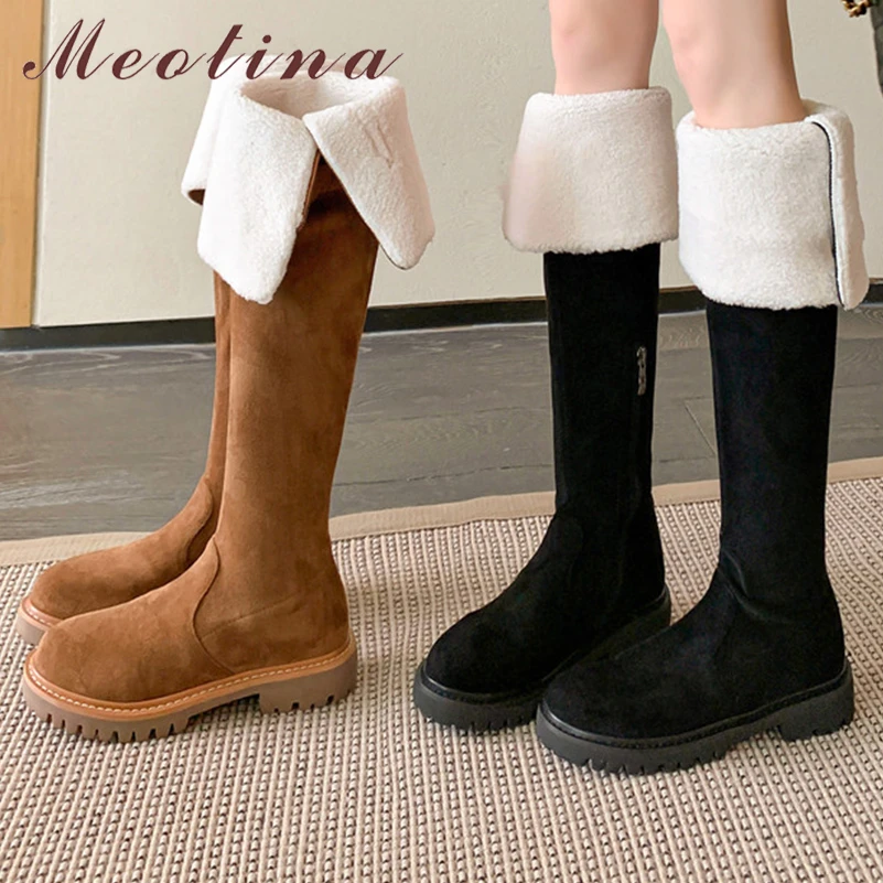 

Meotina Women Genuine Leather Over-the-Knee Boots Round Toe Flats Zipper Platform Buckle Long Boot Ladies Shoes Autumn Winter 40