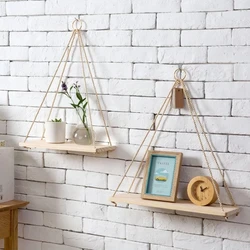 1PC Wood Swing Hanging Rope Wall Mounted Floating Shelves Home Living Room Wall Shelf Sundries Storage Outdoor Garden Decoration