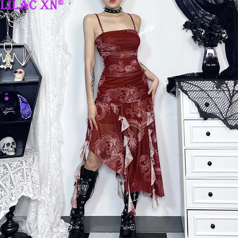 Y2K Vintage Red New Chinese Style Dragon Print Strap Party Dresses Sexy Lace Mesh Sleeveless Bodycon Long Dress Women Summer