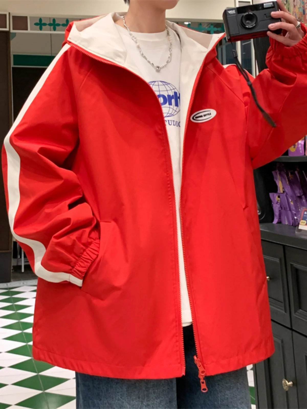 

Red Loose Men's Jaet Spring Autumn Trendy Brand Double-Sided Wear Hooded Windproof Waterproof Youth ular Zipper Closure