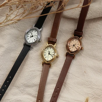 여성용 빈티지 가죽 다크 브라운 레트로 로마 다이얼 쿼츠 시계, 여성용 쿼츠 시계, 가죽 얇은 밴드, 작은 다이얼, Relogio Feminino