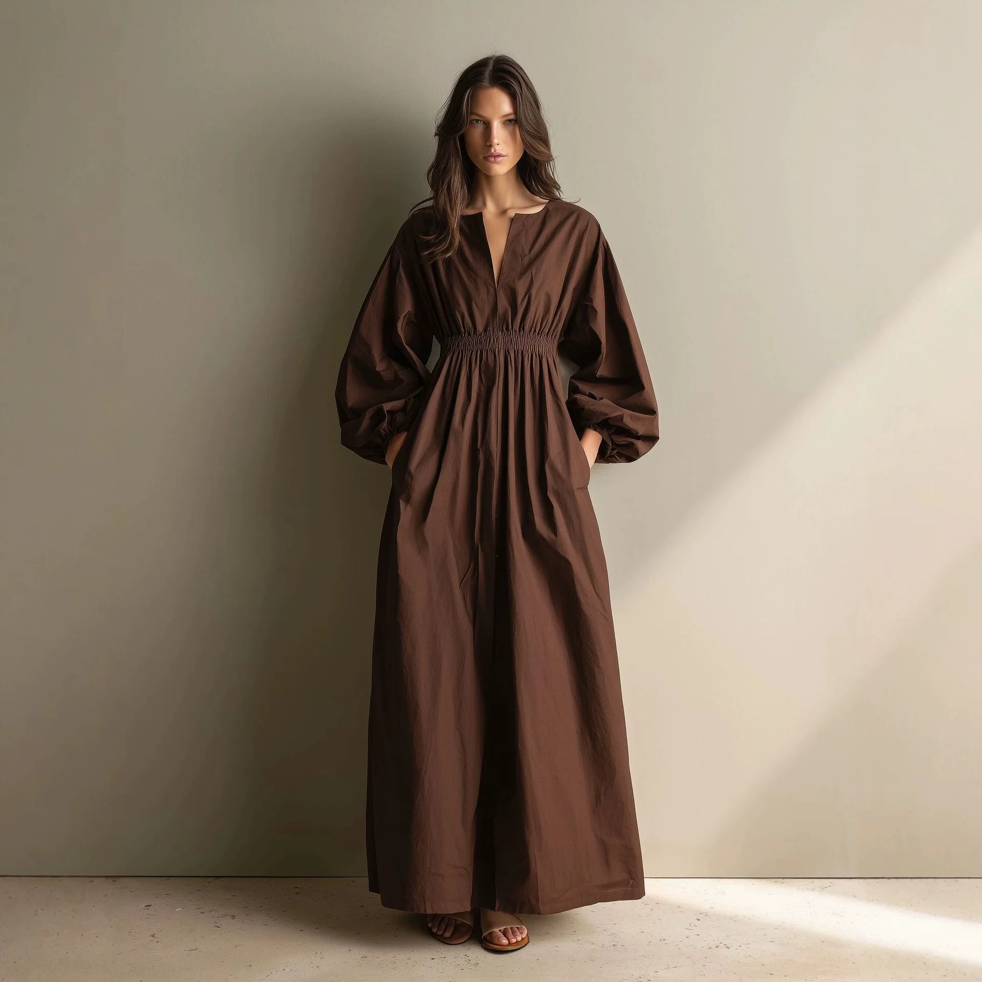 Einfarbiges Maxikleid für Damen, modisch, V-Ausschnitt, Ballon-Langarm, elastische Taille, lockere Passform, langes Kleid, lässig, für den Alltag, Bürokleidung