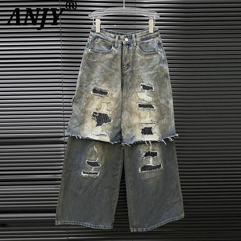 ANJY 2025 Autumn New Women Fashion Fake Two-Piece Double Layer Design Straight Jeans Ins Niche Distressed Chic Hole Loose A17601