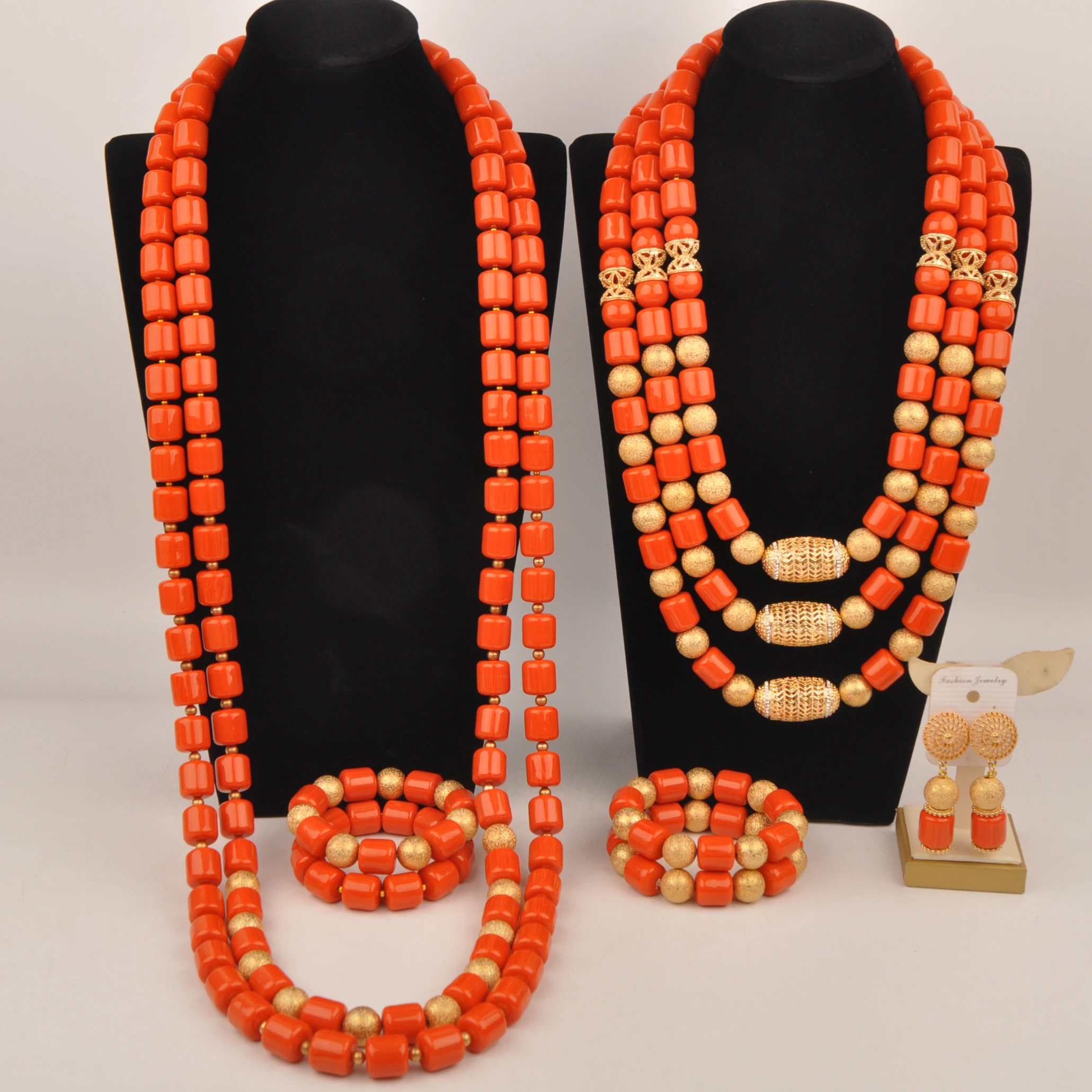 New African Wedding Brides Newlyweds Wedding Accessories Nigeria Imitation Coral Orange Necklace Couple Jewelry Set XIN-68