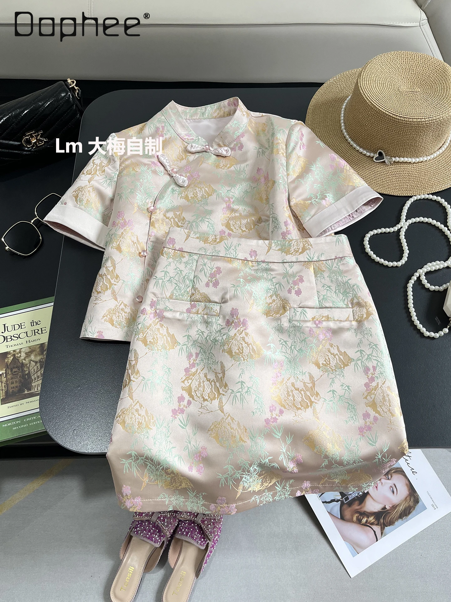 Premium Retro Flower Embroidered Skirt Sets Temperament Celebrity Stand-up Collar Short-sleeved Shirt High Waist Mini Skirt