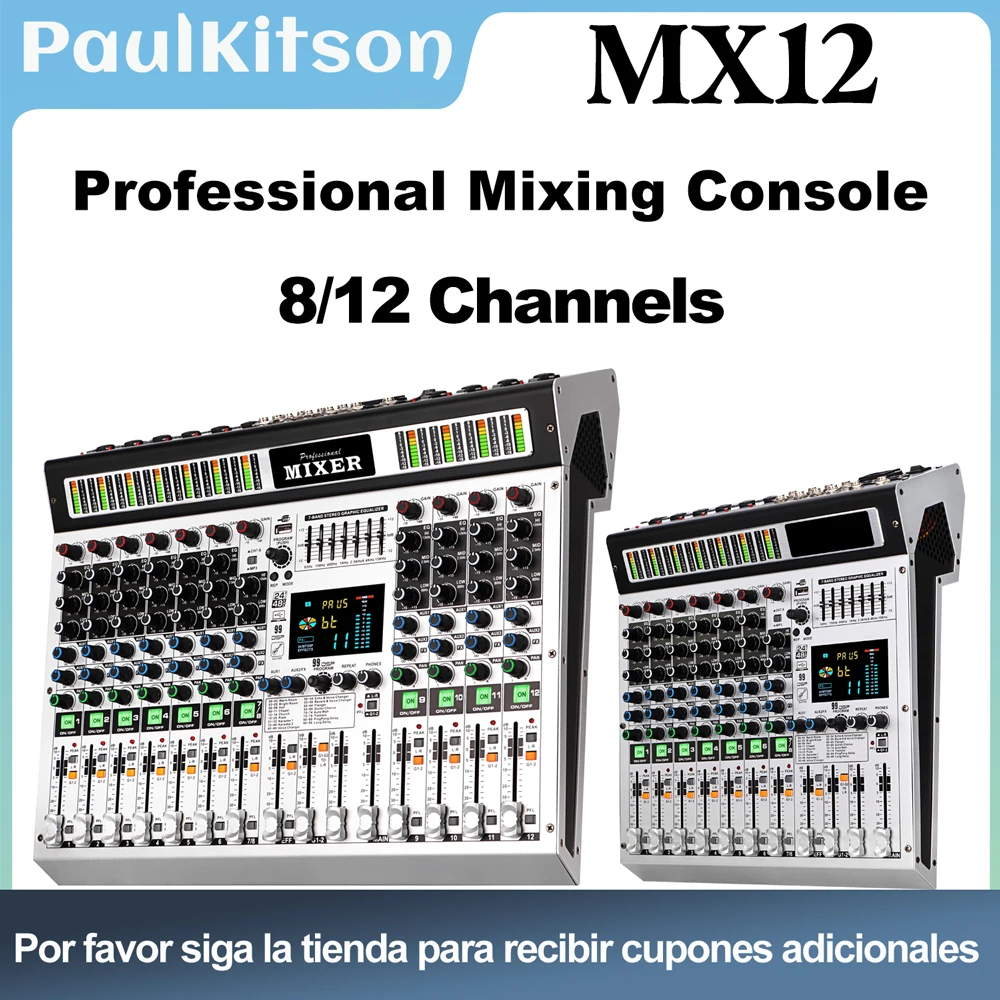 Consola de mezcla de audio profesional Paulkitson MX12, consola de DJ de 12 canales, sistema de control de altavoces para presentaciones en escenarios e iglesias, mezclador de audio, Bluetooth, grabación estéreo USB