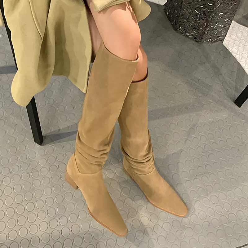 

Cow Suede Winter Botas French Style Spring Autumn Woman Boots Square Toe Knee- High Boots Woman Slip On Simple Pleated Shoes