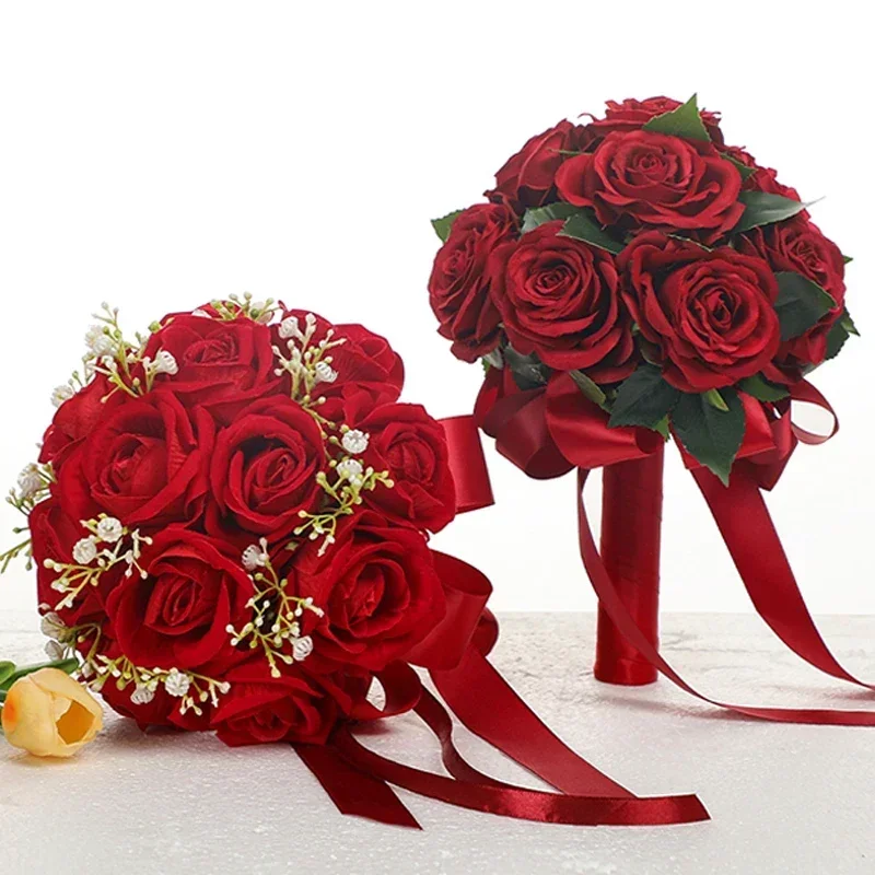 

1pc Red Rose Wedding Bouquet Artificial Flowers Bride Bridesmaid Bouquets for Wedding DecorationValentines Day Gift Self haircut
