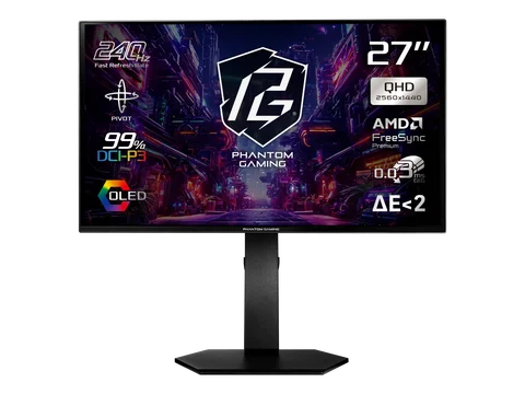 ASRock Phantom Gaming  27 inch QHD 2K 1440P 240Hz AMD FreeSync Premium 0.03ms HDR10 OLED Gaming Computer Monitor with Height Adjustable, Swivel, Pivot & Tilt Stand PGO27QSA