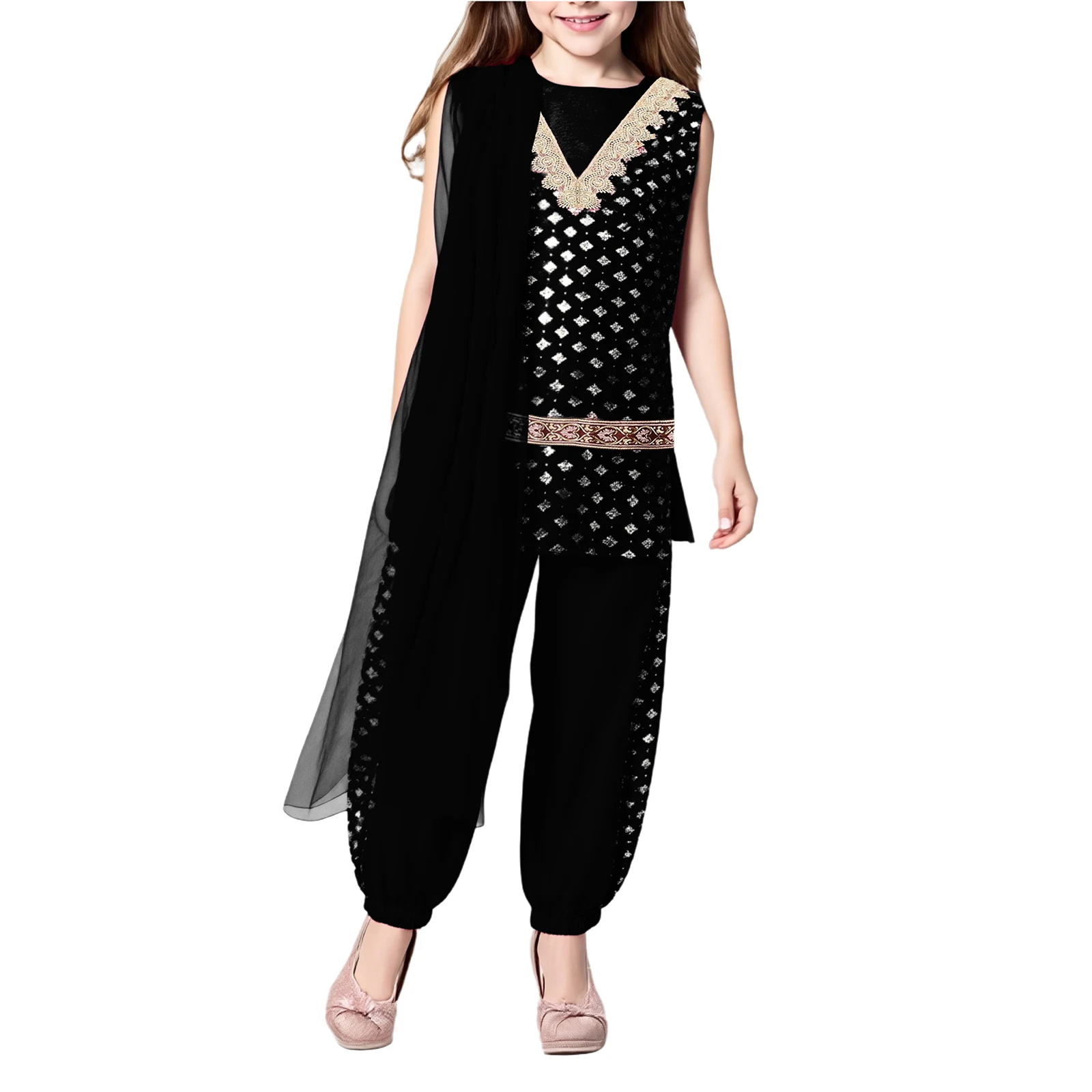 الهند باكستان الملابس فستان الرقص زي العرقية نمط الفتاة اليومية العرقية مجموعة بلا أكمام الجانبين الظهر وشاح من الساتان البنطلونات