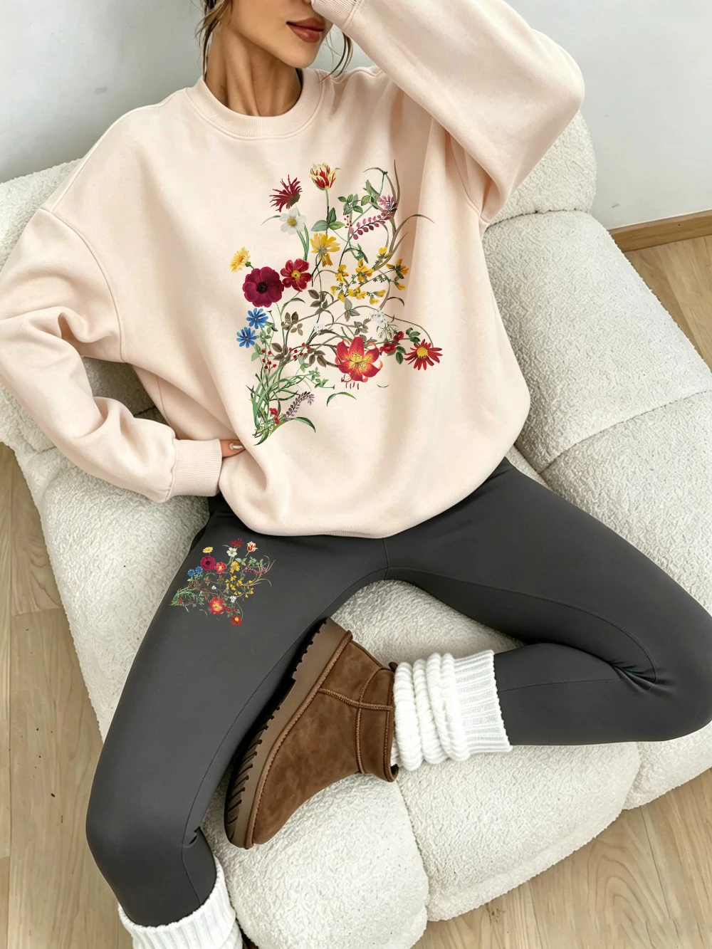 2Pcs Womens Beautiful Flowers Born In The Sun Printing Leggings Pant Set Winter Thermal Warm Sweatshirt Street Fleece Clothes