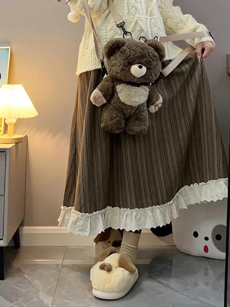 Woolen Retro Striped Long Skirts Women Fall Lace Patchwork High Waist A Line Skirt Vintage Loose Casual Sweet All Match Skirts