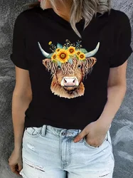 2024 Summer Highland Cow Sunflower Print Short Sleeve Farm Cute New Leisure Commuting Outdoor T-shirt