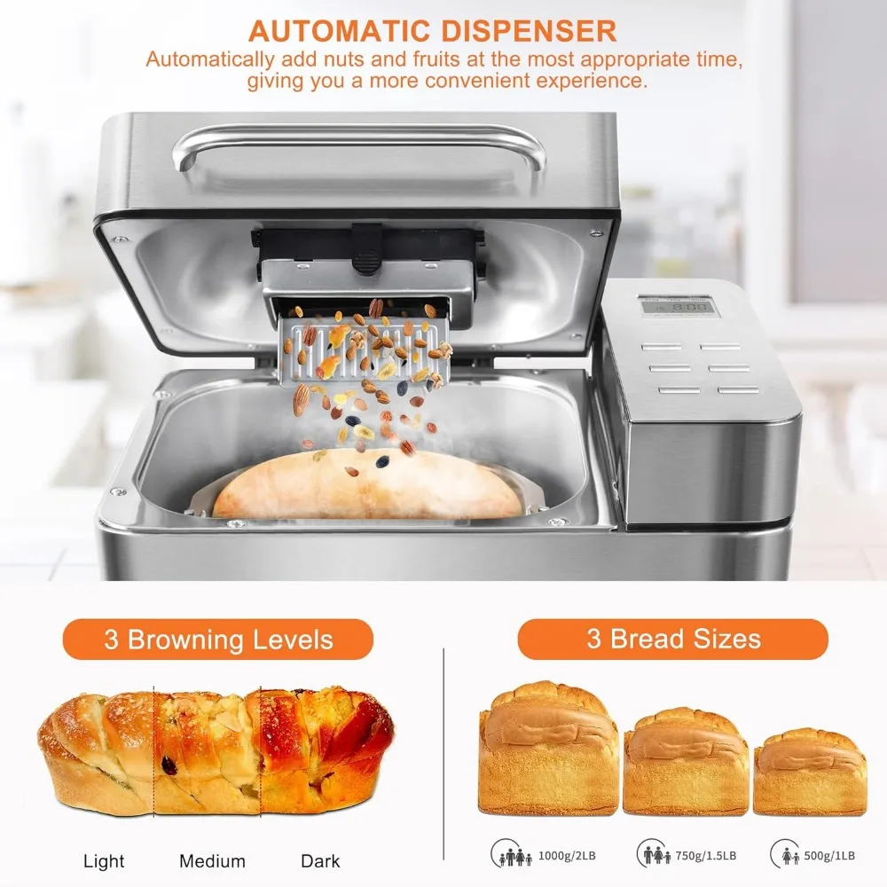 Breadmaker de aço inoxidável com distribuidor automático, máquina de pão grande, panela cerâmica antiaderente, 2.2LB, 19 em 1