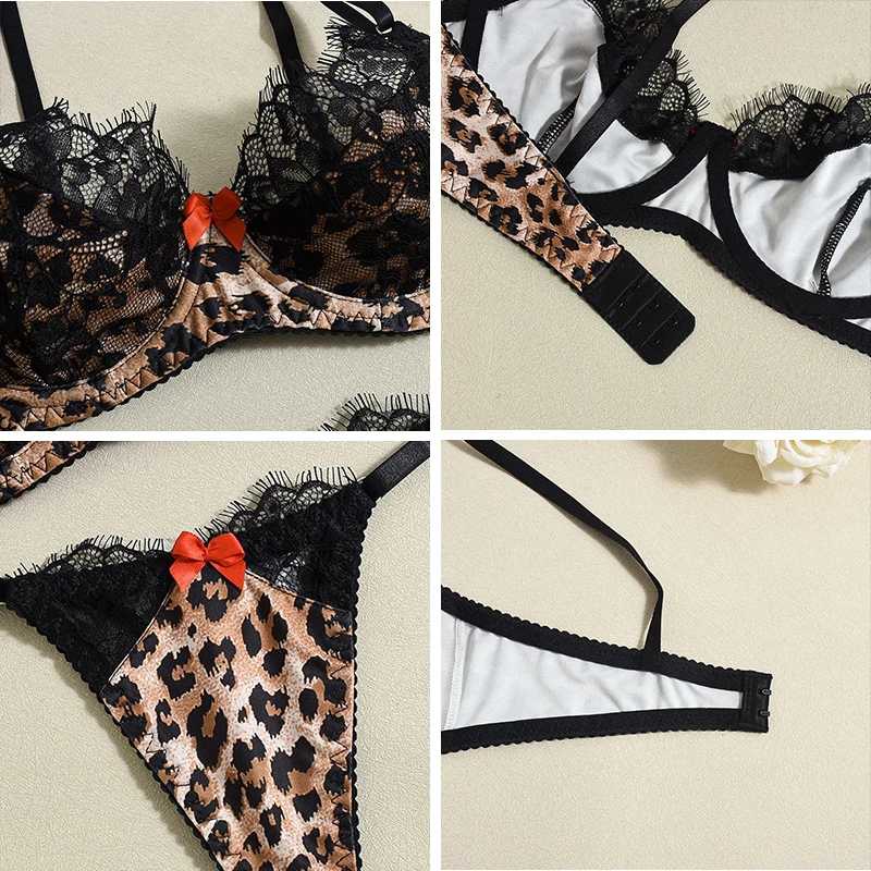 Conjuntos de vacaciones para mujer, conjunto de lencería Sexy con estampado de leopardo y encaje de pestañas, conjuntos de 2 piezas, sujetador con aros de realce y tangas de malla
